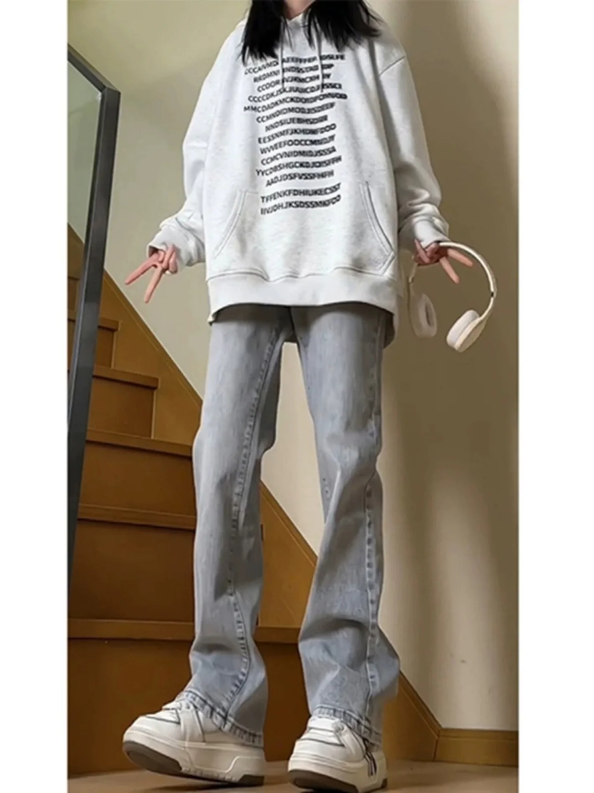 

American Vibe Windbreaker Thiened Fce Men's And Women's Jeans High Street e ey Autumn Winter Elastic Bell Bot