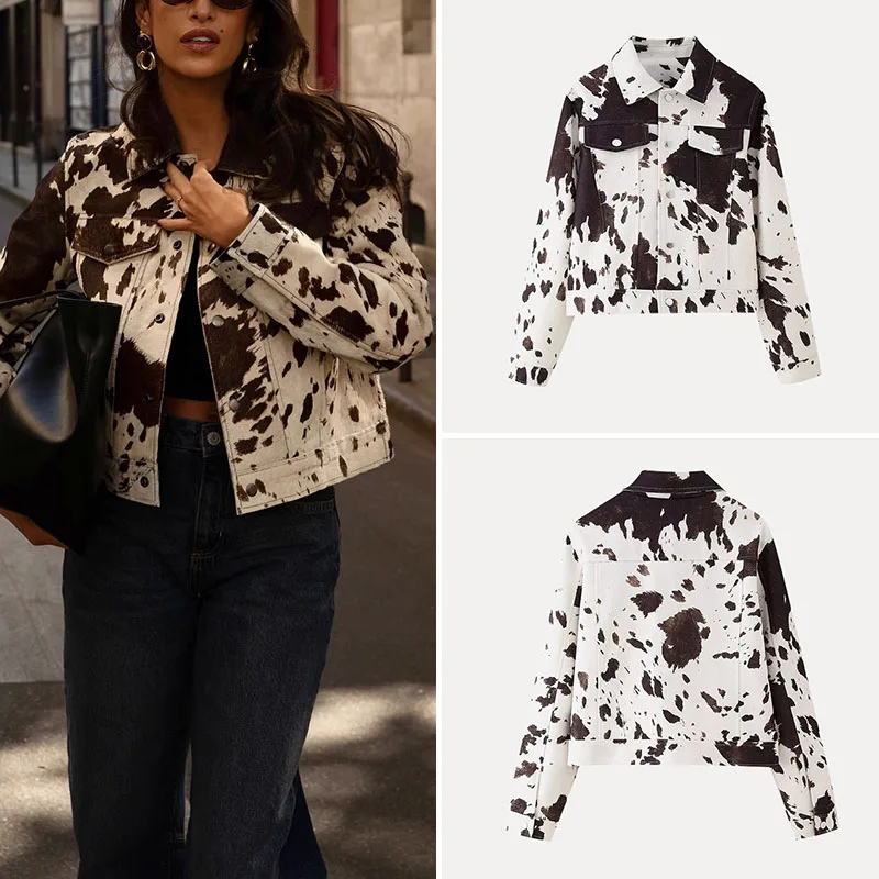 

Весна 2024, женская уличная одежда Jaet Long Sve с откидным воротником и животным узором, верхняя одежда из полиэфирного волокна 00%