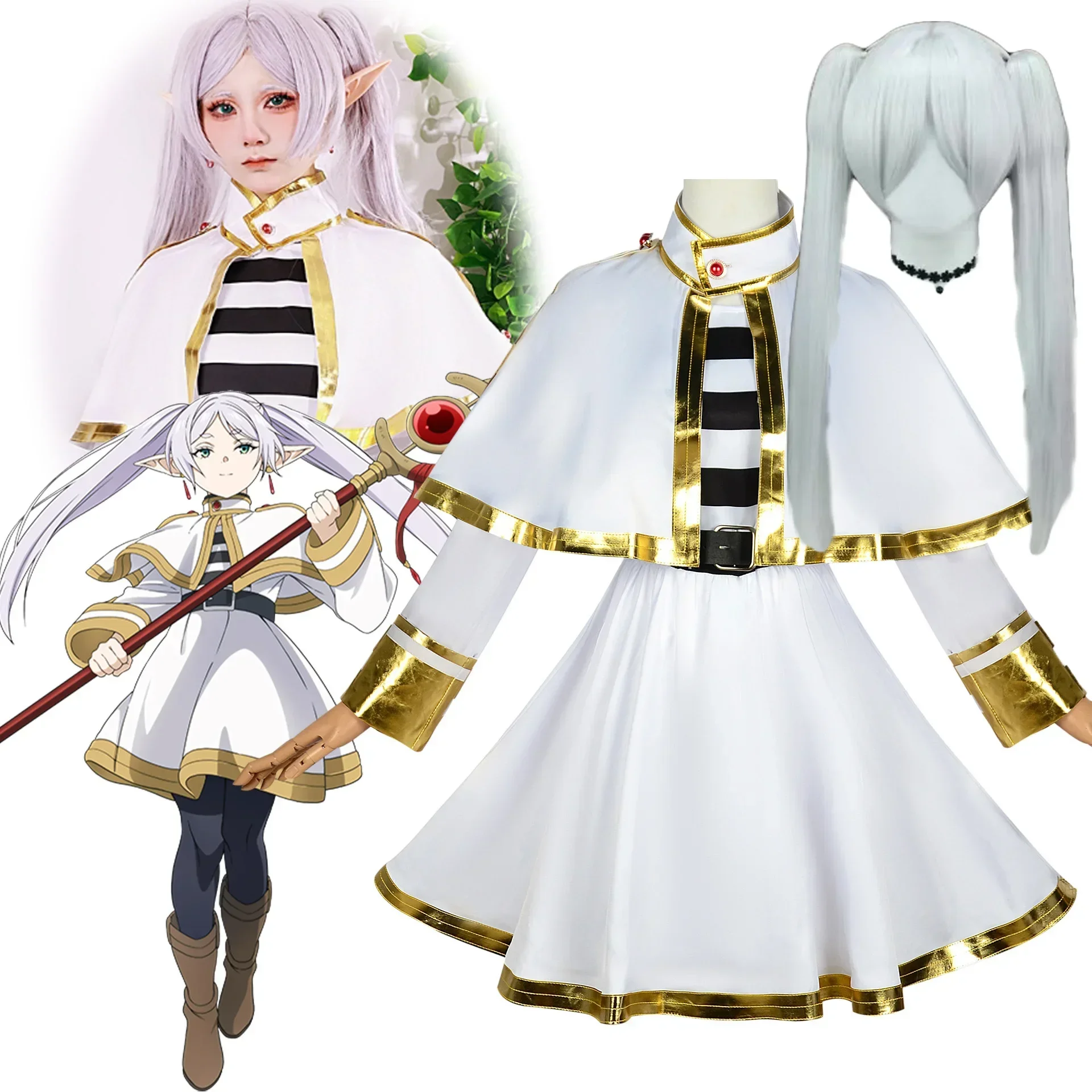 Sousou No Frieren Cosplay Costume White Dress Unform with Ears Earrings  Gold side shawl skir For Woman Halloween