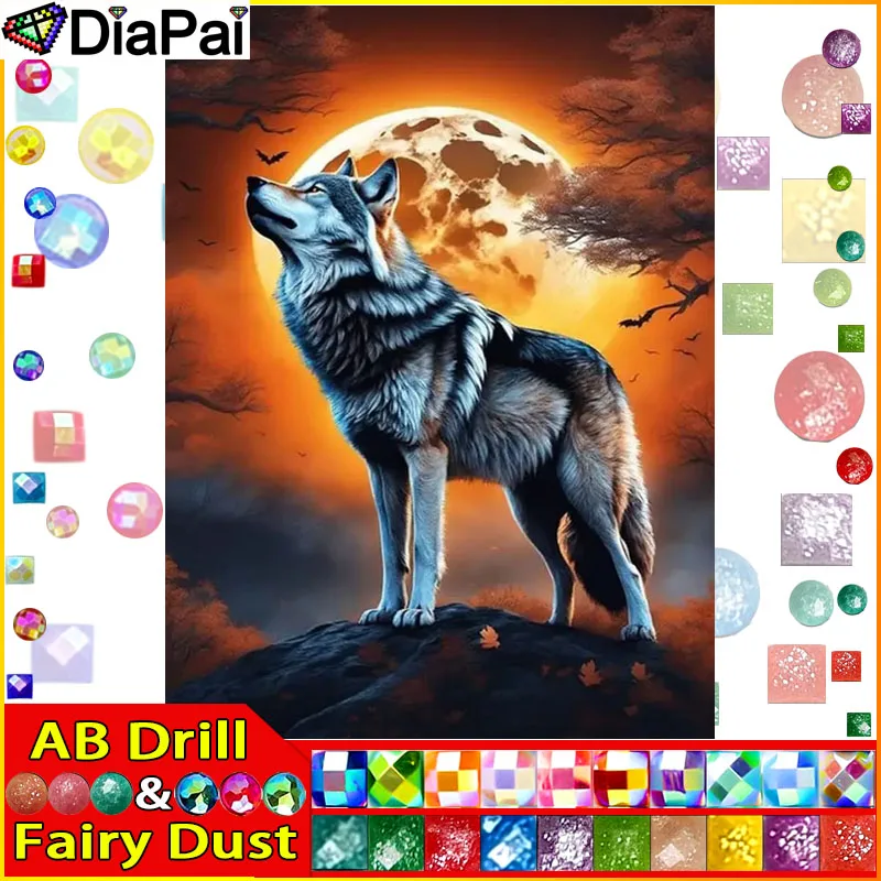

DiaPai Fairy Dust AB Diamond Painting " Wolf Moon" Full Square Round Diy 5d Diamond Embroidery Picture Rhinestone Art