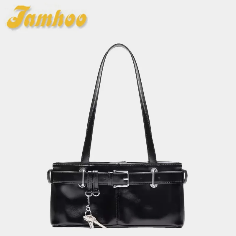 Jamhoo New Retro Versatile Underarm Bag Luxury Shoulder Bag Square Horizontal Handbag Wide Belt Strap Design Motorcycle Bag