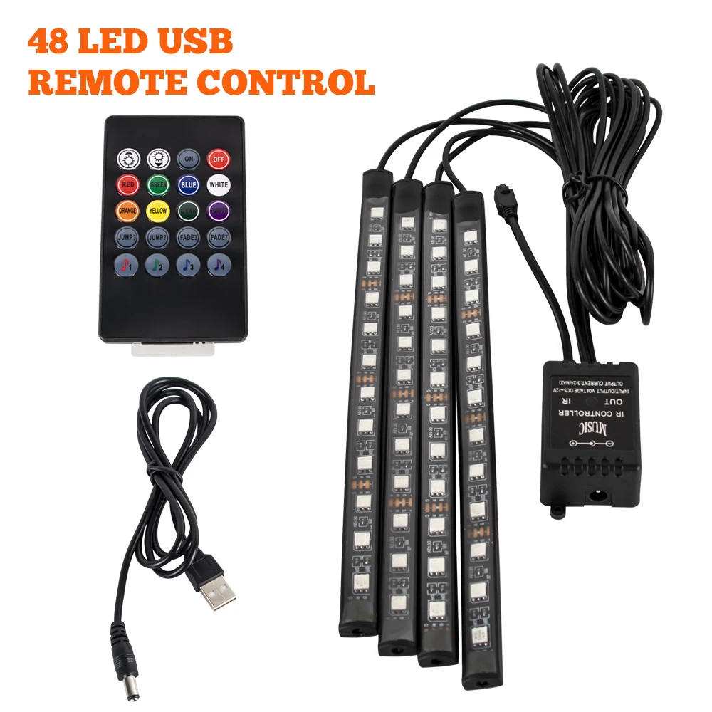 Neon 48 72 LED auto-interieur omgevingsvoetlicht met USB draadloze afstandsbediening muziek app-bediening auto RGB sfeer decoratieve lampen