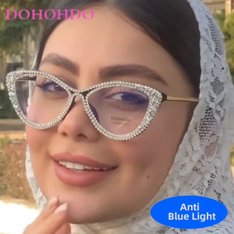 

Fashion Design Luxury Rhinestone Decorate Cat Eye Women's Optical Glasses Men Reading For Computer Anti-Blue Light Eyewear Очки