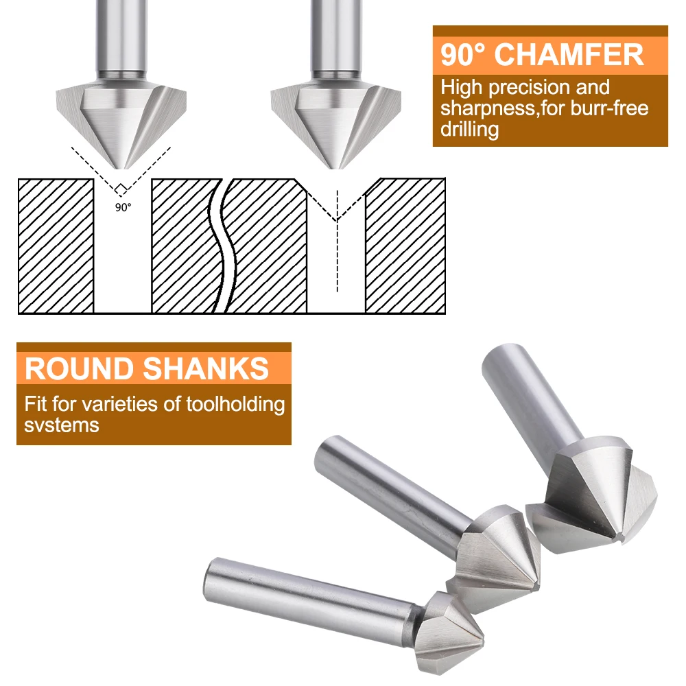 HAMPTON 3 Flute Countersink Drill Bit 4.5-50mm High Speed Steel Metal Hole Drilling Tool 90 Degrees HSS Chamfering Cutter