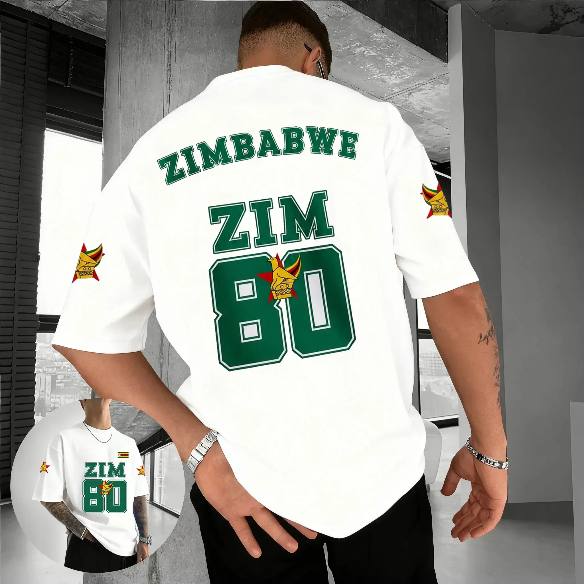 2026 Summer Women's Zimbabwe National Print V-neck Short Sleeve Casual Loose Sports Shirt Retro Hip Hop Street Style T-shirt