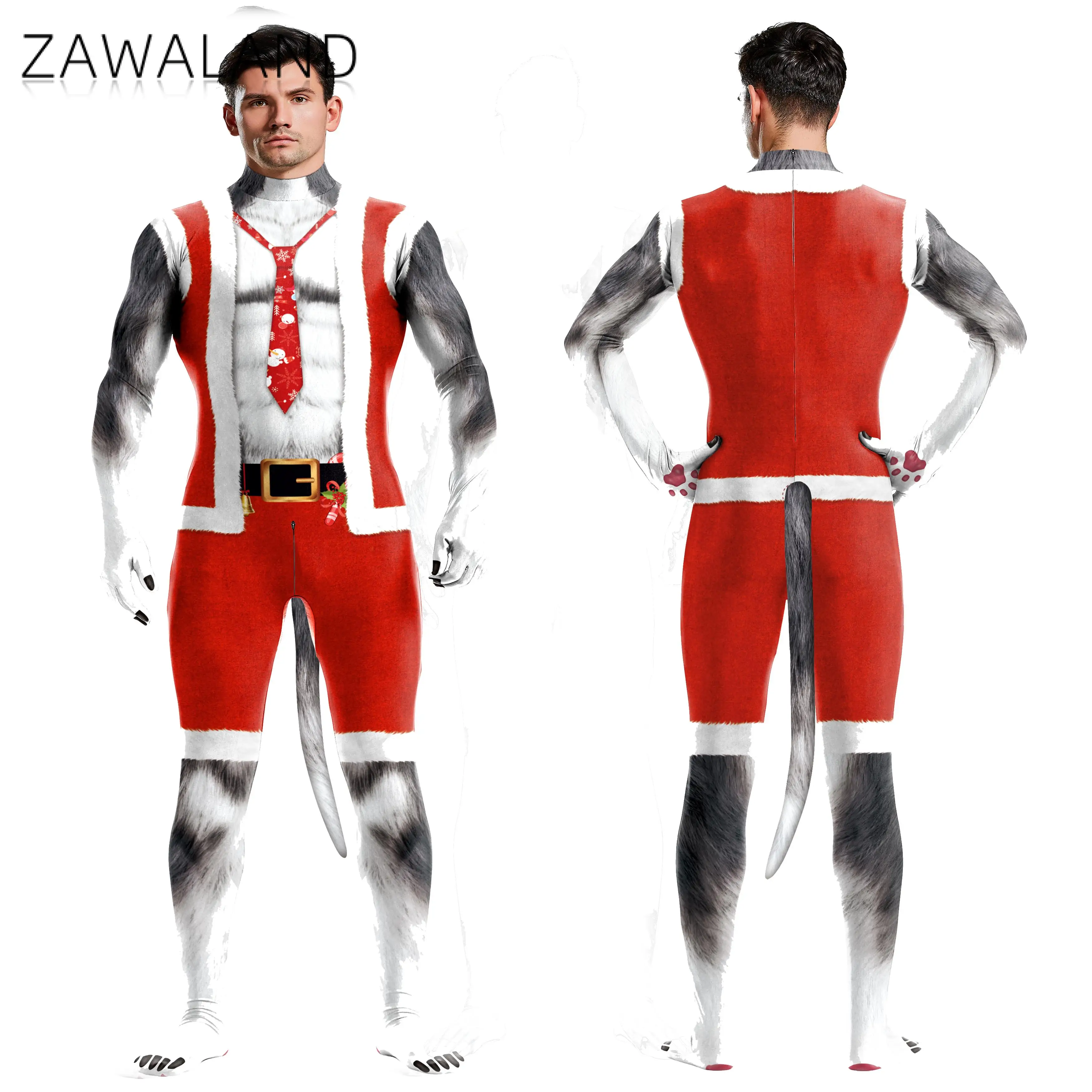 New Christmas Santa Women/men Jumpsuit Cosplay Zentai Bodysuit Women 3D Printing Clothes Suit Petsuit Animal Costume with Tail