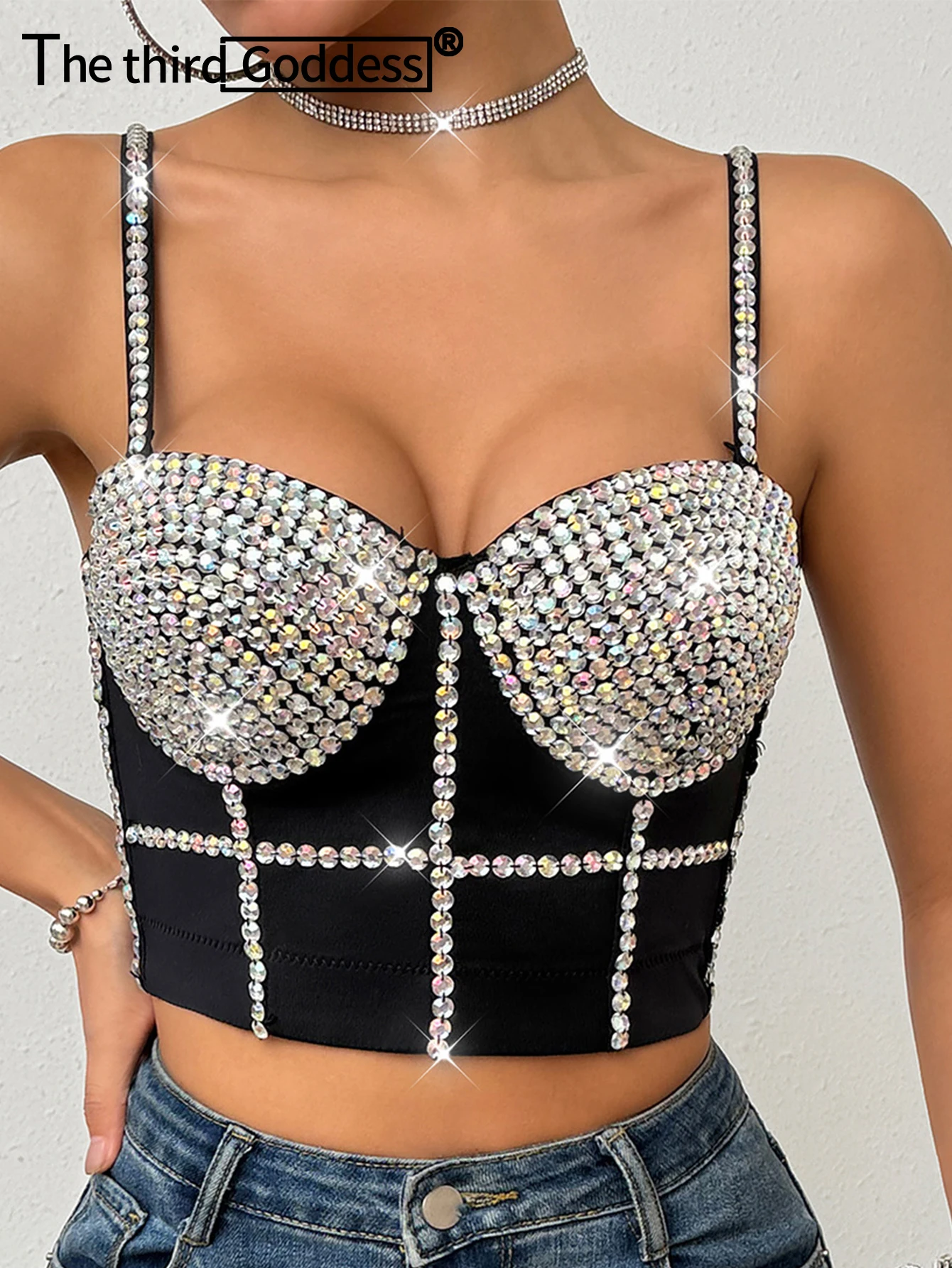 Sexy y2k clothes rhinestone corset crop top women summer club party tops woman clothing black cropped halter tank top streetwear