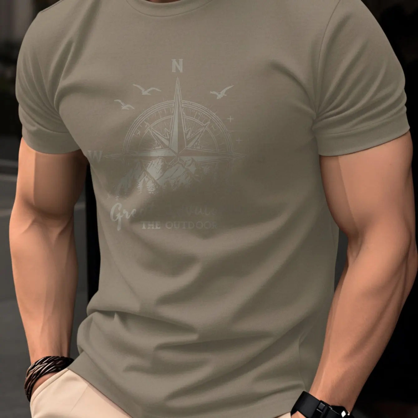 Sommerliches Herren-T-Shirt aus 100 % reiner Baumwolle, lässig, modisch, locker, Retro-Kompass-Bergmuster, bedruckt, Rundhalsausschnitt, kurzärmelig – Detail 10