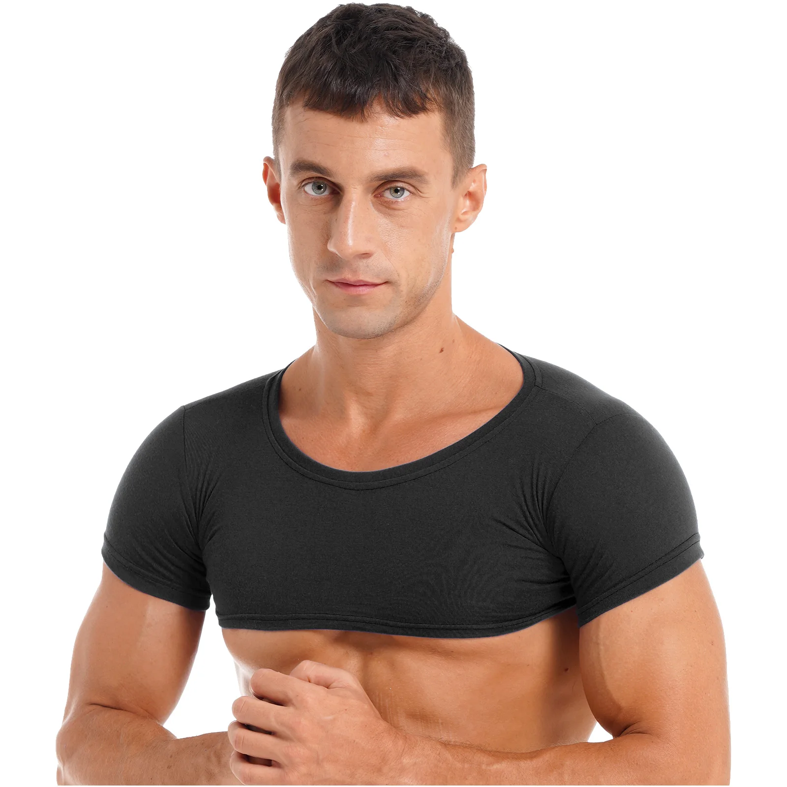 Mens Half Crop Tops Male Clothing Round Neck Short Sleeve T-Shirt Casual Solid Color Cropped Tops Rave Party Outfit Clubwear