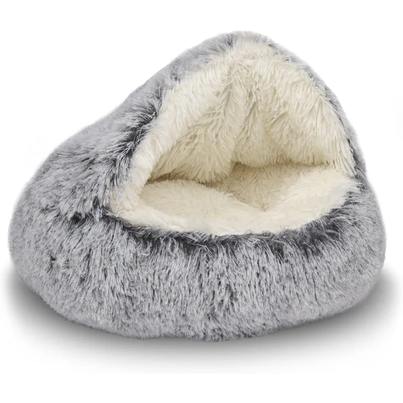 Cat Bed Round Plush Fluffy Hooded Cat Bed Cave,Soothing Pet Beds Doughnut Calm Anti-nxiety Dog Bed - Waterproof