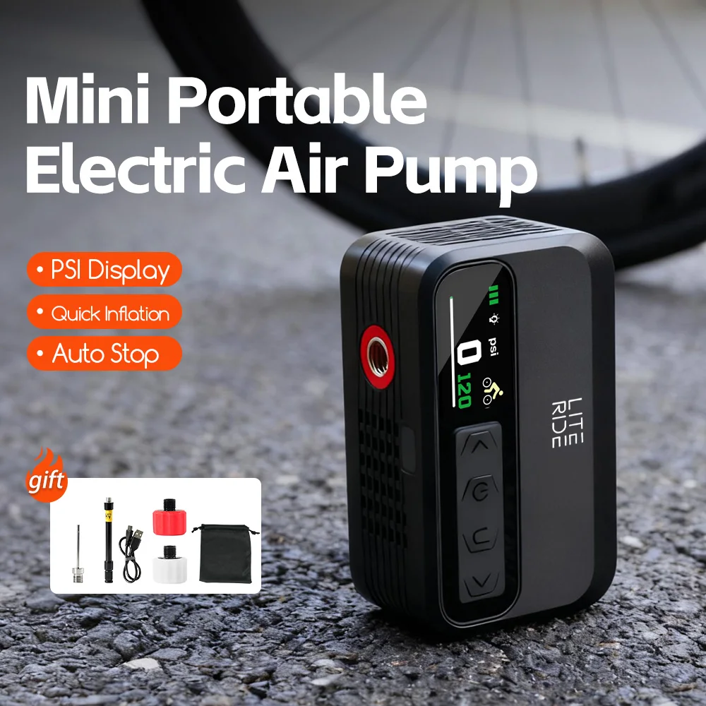

LITERIDE Mini Electric Air Pump Portable Digital Inflator 120PSI 600mAh MTB Road Bike Accessories for Bike Schrader Presta Tires