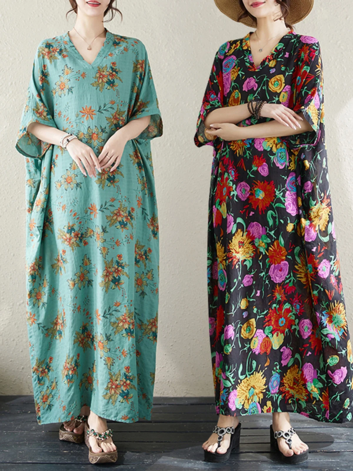 Verano Floral Vaion Sle largo Retro algodón Lino Dr hasta la rodilla Batwing Sve V-Ne H-ape Casual Commute Dr