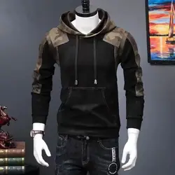 Men Trendy Vintage Camouflage Patchwork Hooded Sweatshirts Y2K Casual Long Sleeve Slim Pullover Tops Autumn Winter Fleece Hoodie