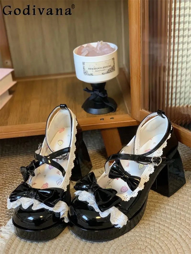 

Sweet Girl Japanese Original Lolita High Heels Round Toe Chunky Heel Bow Cross Strap JK Uniform Mary Jane Shoes