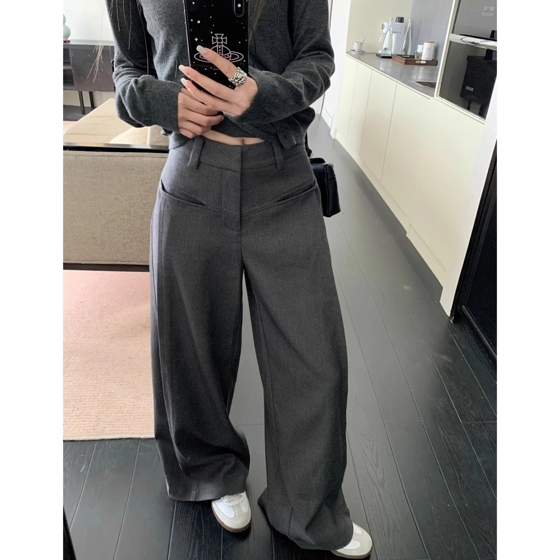 

Серые повседневные брюки для женщин, весна-лето 2026, с высокой талией, тонкие, свободные, прямые, широкие, в пол.