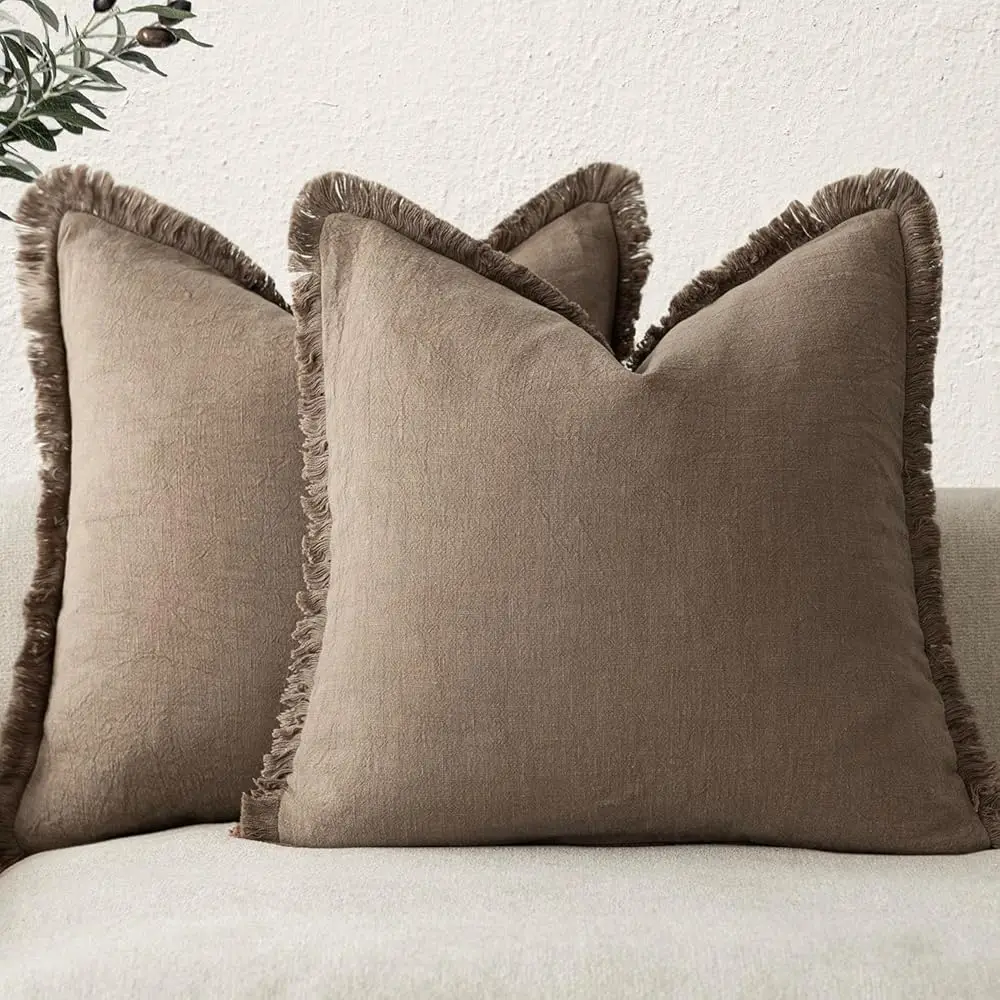 

Set Of 2 Decorative Linen Fringe Throw Pillow Covers Cozy Farmhouse Boho Cushion Cover With Tassels Soft Accent Pillowcase For
