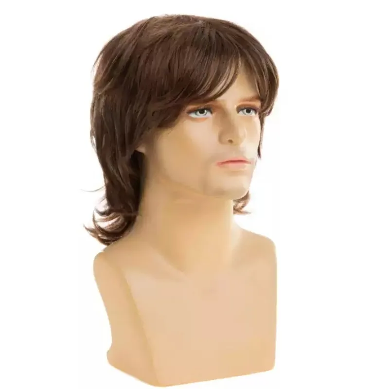 Men Medium Long Brown Wig Mullet Shag Style Side Bangs Synthetic Hair Wig Business Daily Wear Heat Resistant with Wig Cap