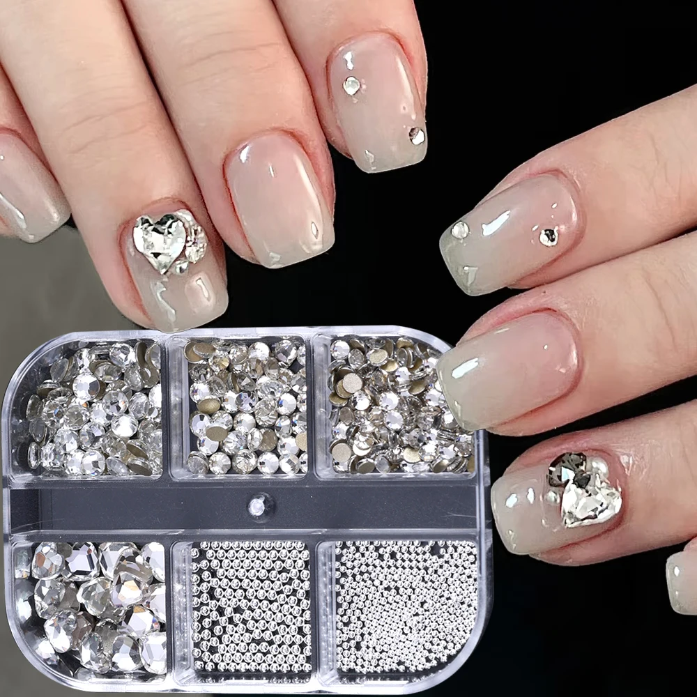 

6 Grids White Pink Love Heart Shape Nail Art Rhinestone Diamond Jewelry Crystal Glass Rhinestone Valentine's Day Manicure Decor