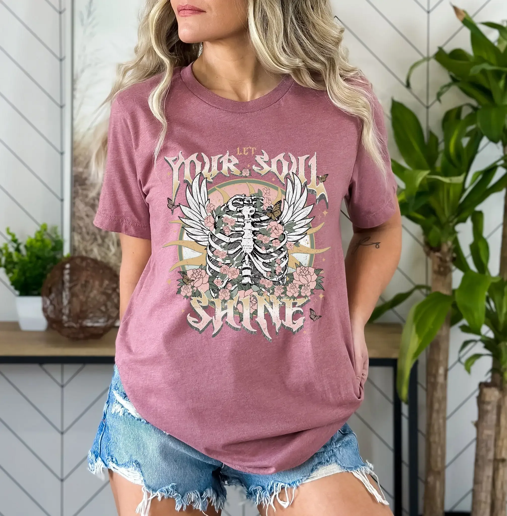 Let Your Soul Shine T Shirt Winged Skeleton tee Ribcage Rockn roll music retro