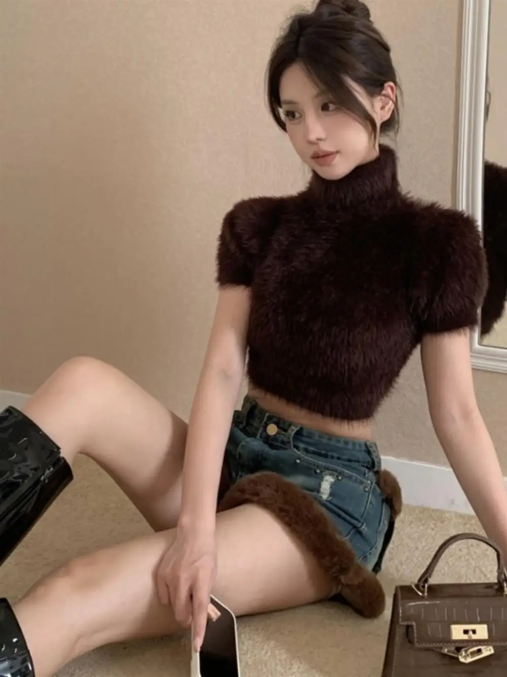 

Slim Fit High Collar ort Sve Mink Fur Knitted Top for Women Autumn Winter Warm Sexy Girl Inner Wear ort Length Belly ow