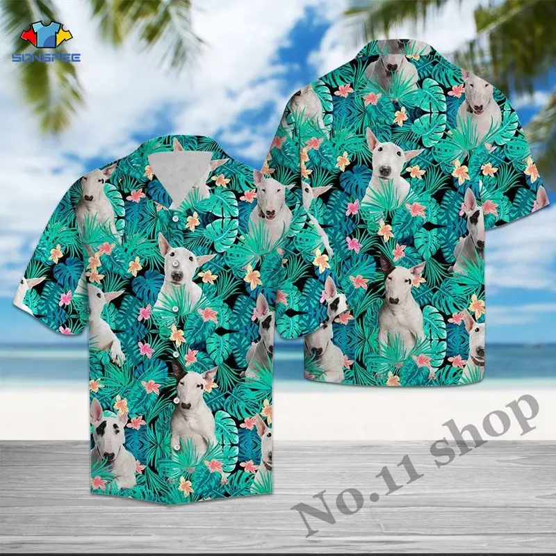 Bull Terrier Tropical Hawaiian Shirt Summer Beach Palm Tree Shirts Flowers 3D Leaves Short Sleeve Holiday Vacation Clothes