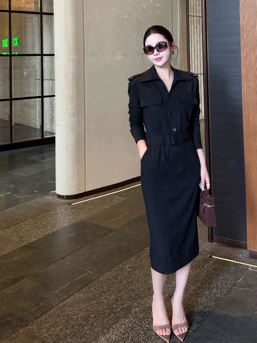 Elegant Black Wrap Waist Coat And Shirt Dress Women's Autumn Fashion High Waist Commute Style Online Exclusive Long Sleeve