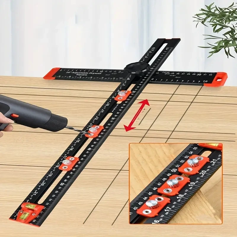 Woodworking T-Shaped Ruler 2-in-1 Punching Positioning Ruler Multifunctional Angle Ruler, Aluminum Alloy Marking Measuring Tool