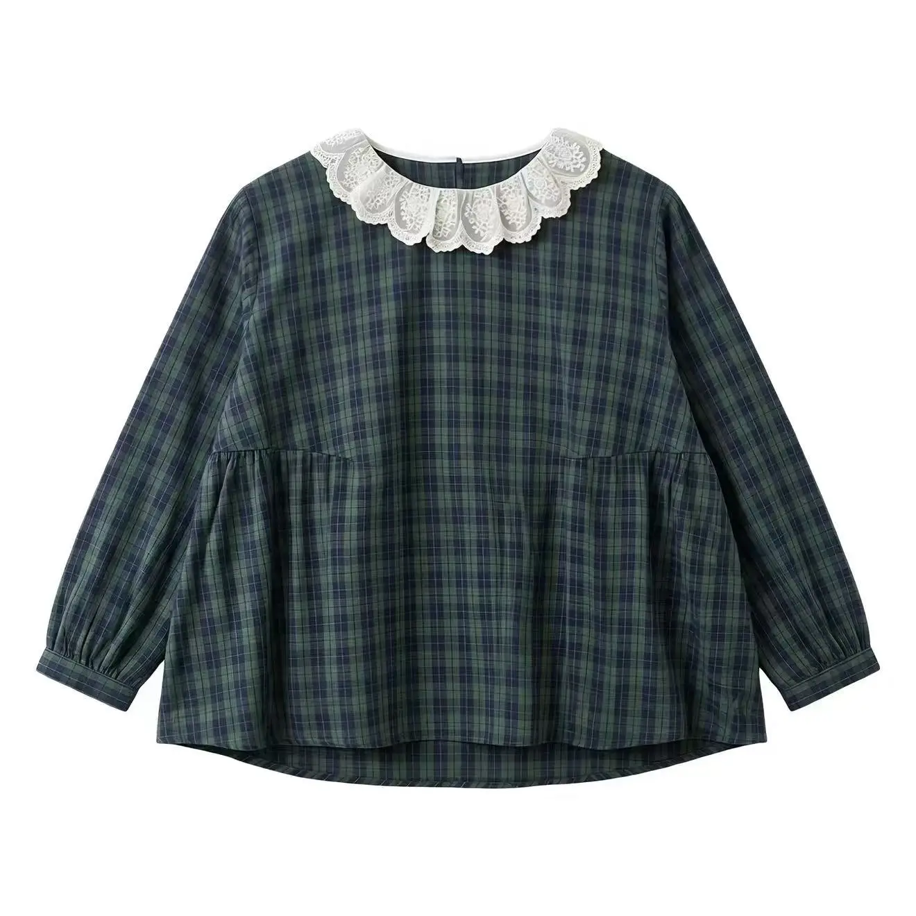 Bust 118cm mori girl summer Japanese style 100% cotton green checkered shirts short sleeve plaid blouses vintage clothing