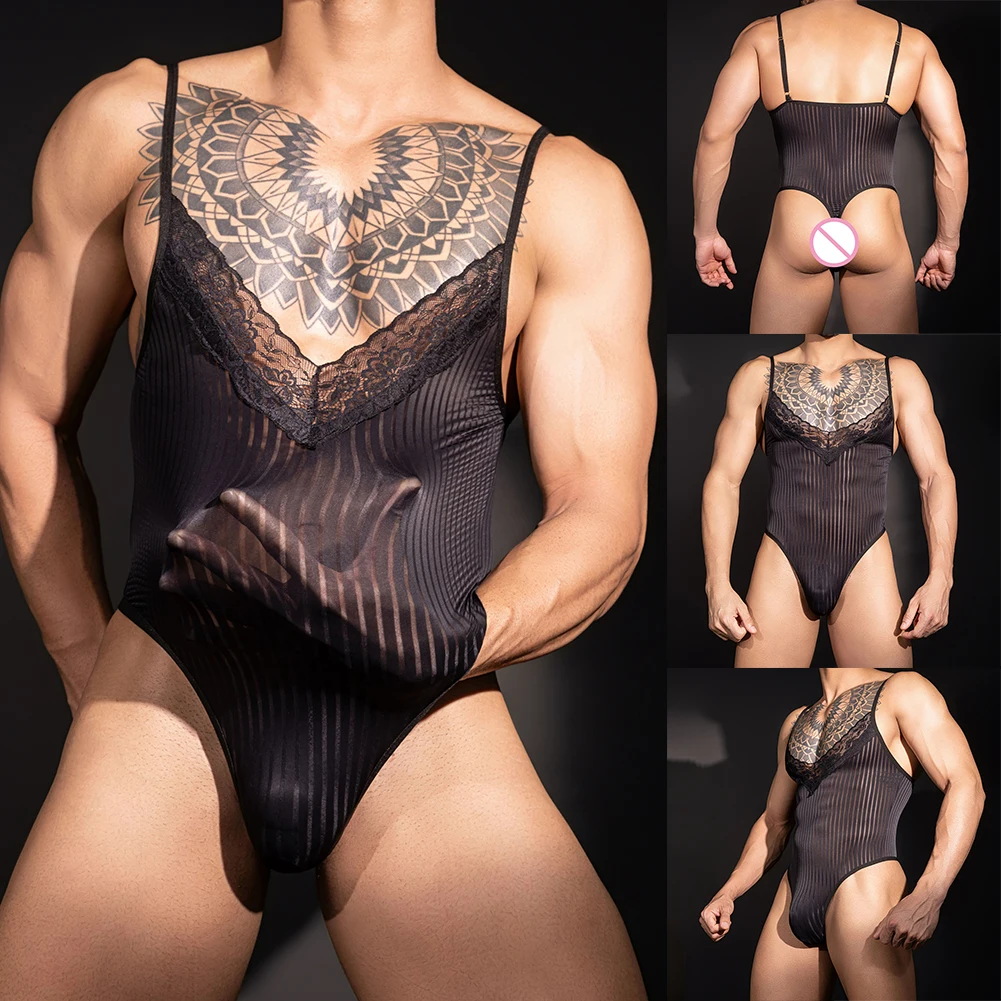 

Мужское прозрачное нижнее белье без рукавов в полоску, дышащее сексуальное боди для взрослых, быстросохнущая пижама для ночного клуба, удобный комбинезон