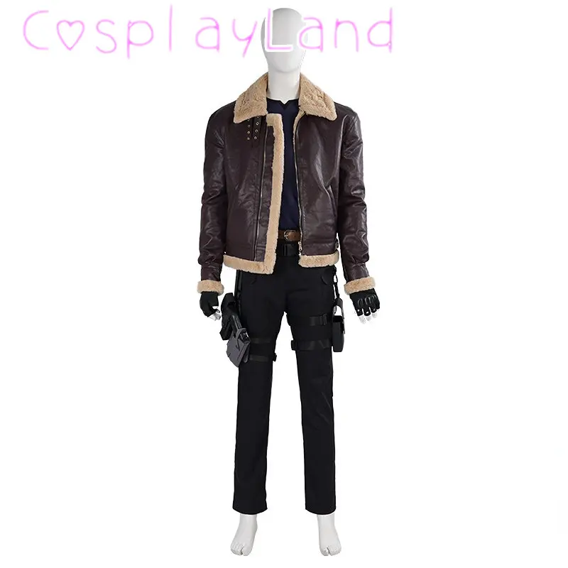 Game RE 4 Remake Cosplay Leon Scott Costume Full Set Police Outfit With Props Brown Jacket Halloween Carnival Men Suit