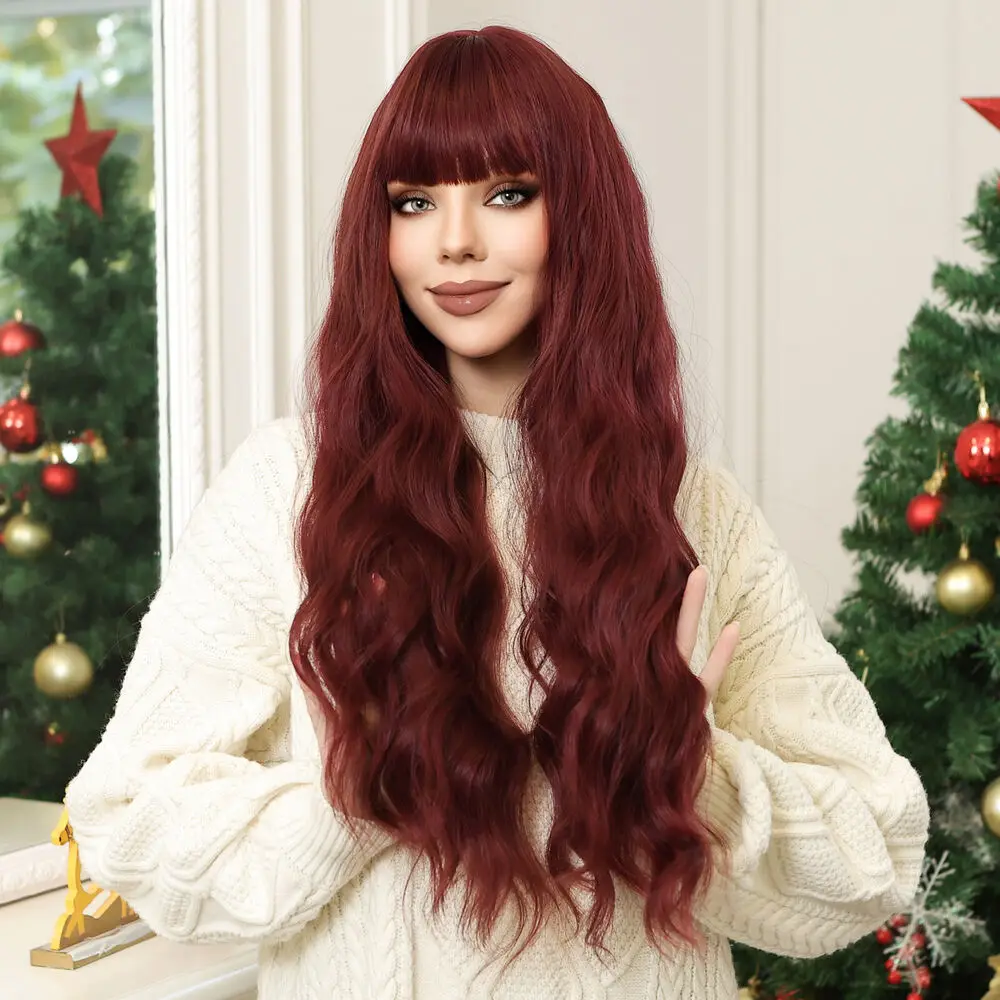 Soft Deep bug Heat Resistant Hair Cosplay Wigs With Bangs Long Wavy Synthetic