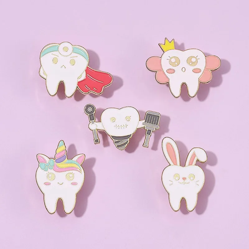 Wholesale Healthy Teeth Enamel Pins Custom Dental Guard Cosplay Rabbit Butterfly Brooches Badges Lapel Bag Dentist Jewely Gifts