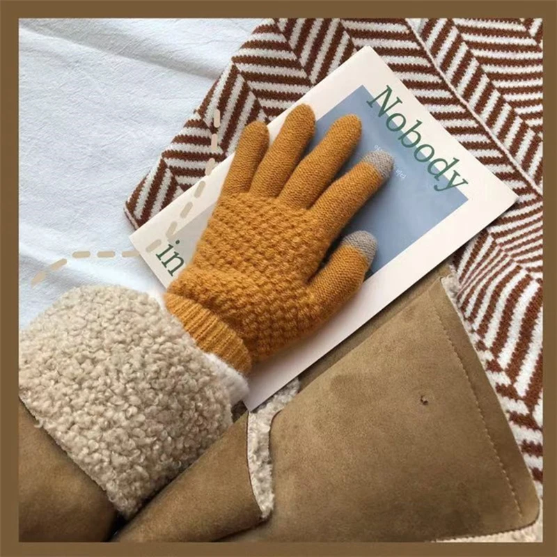 Guantes de lana cálidos para hombres y mujeres, manoplas de punto gruesas para pantalla táctil, calentador de paseo de esquí al aire libre, a prueba