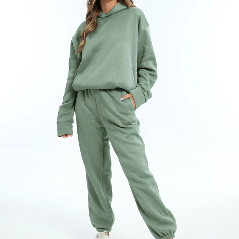 Autumn Women's Tracksuit Two Piece Sets Casual Solid Long Sleeve Hooded Sports Suit Warm Hoodie Sweatshirts Long Pant