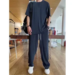 Chándales de seda sueltos de moda coreana para hombre, conjunto elástico transpirable, cómodo, camiseta fina con volantes y pantalones, traje de dos piezas, Verano