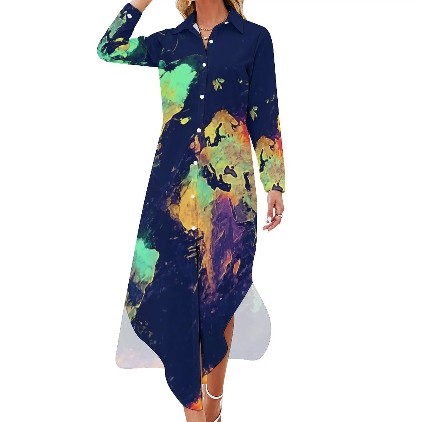 

World Map 140 Chiffon Dress Global Map Art Retro Dresses Female Long Sleeve Street Fashion V Neck Graphic Oversize Casual Dress