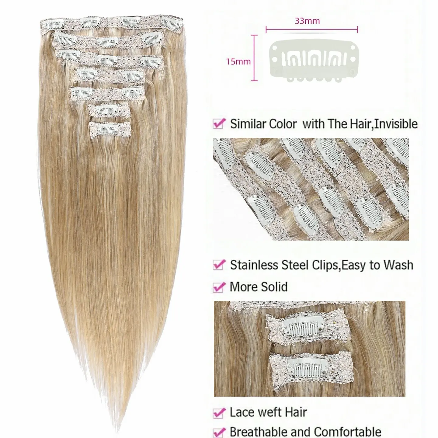 Clip In Human Hair Extensions P18/613 Light Golden Brown Mixed Platinum Blonde Lace Double Weft Hair Extension Clip in  Human Ha