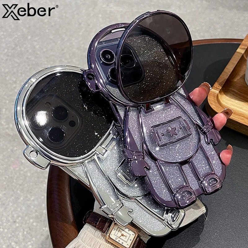 Plating 3D Astronaut Fold Lens Camera Protection Case For iPhone 15 Pro Max 14 Plus 13 12 11 Glitter Clear Shockproof Soft Cover