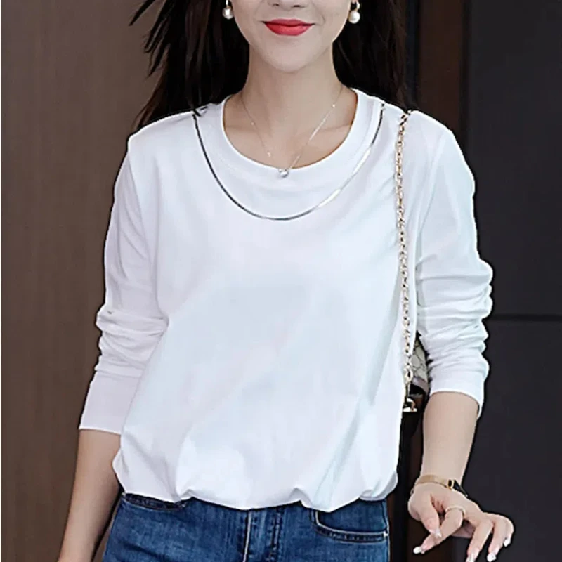 

Women's Clothing Round Neck Chain Solid Color Pullover Striped Long Sleeve Undershirt T-shirt Casual Loose Spring Autumn Tops