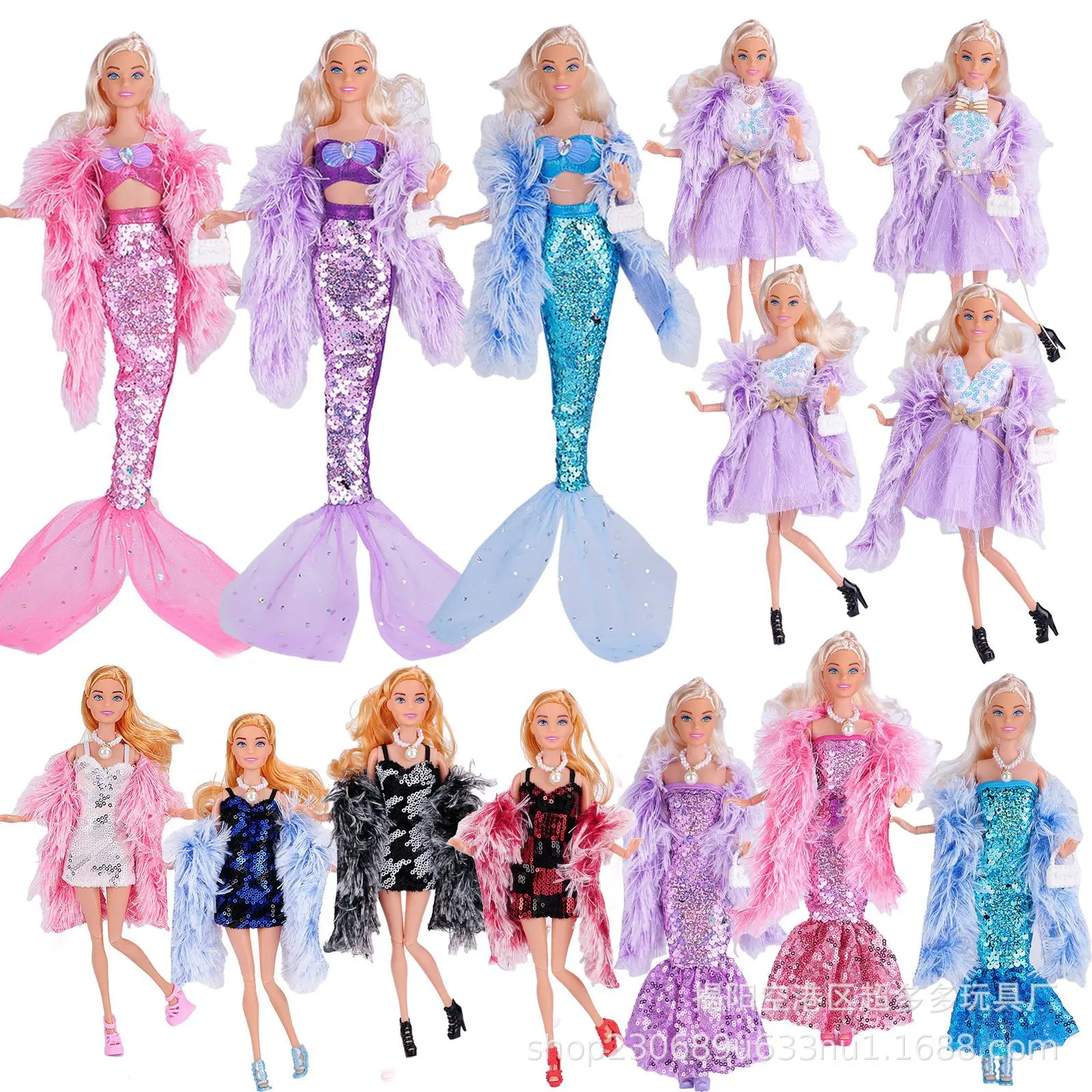 30cm Doll Clothes for Barbie Plush Coat Mermaid Sequined Beaded Fishtail Evening Dress Party Dress Doll Accessories Kids Toys JJ view 2