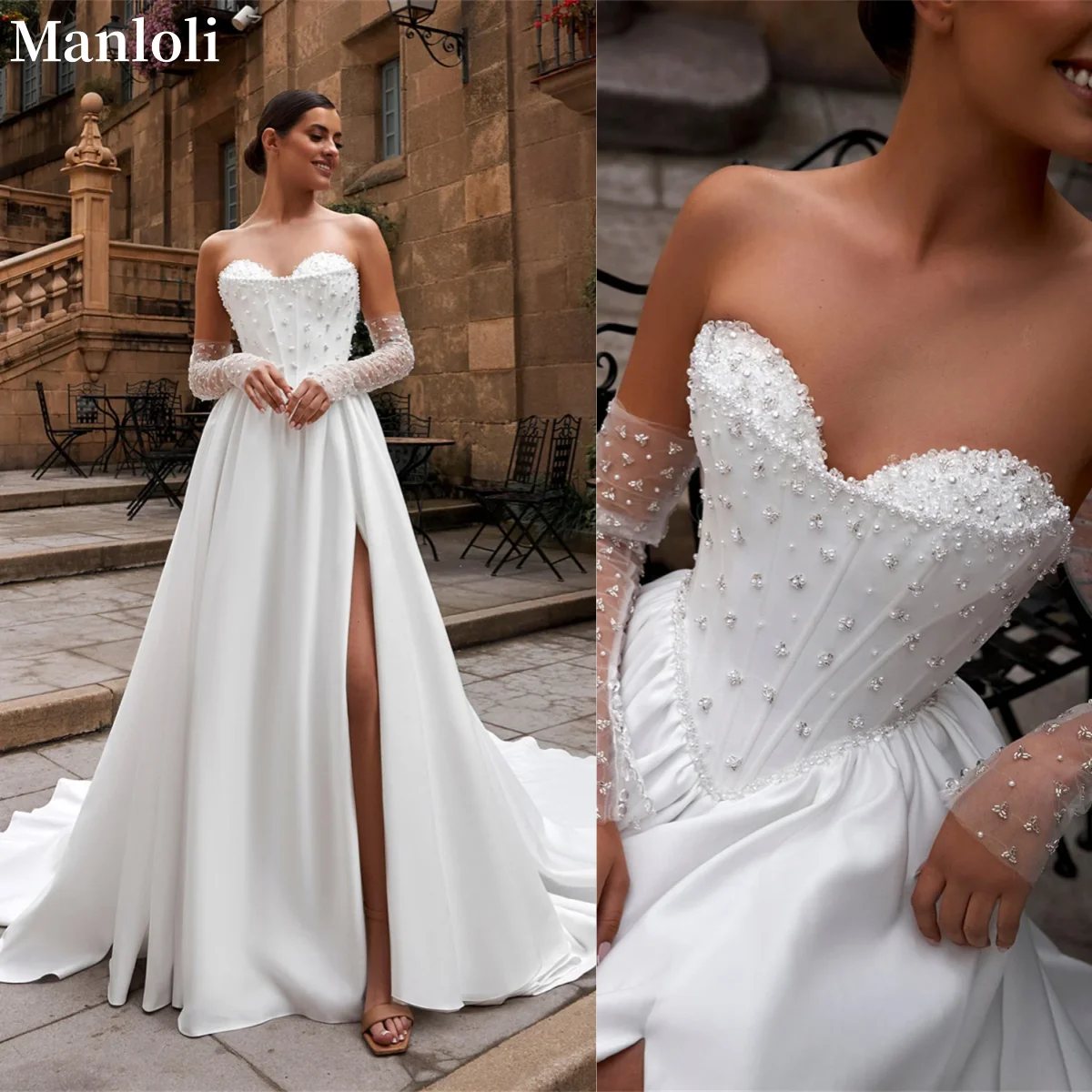 Suknia ślubna w stylu vintage, z satyny, z dekoltem w serduszko, elegancka, w kształcie litery A, z perłami, bez rękawów, z rozcięciem z boku, suknia balowa, szyta na miarę.