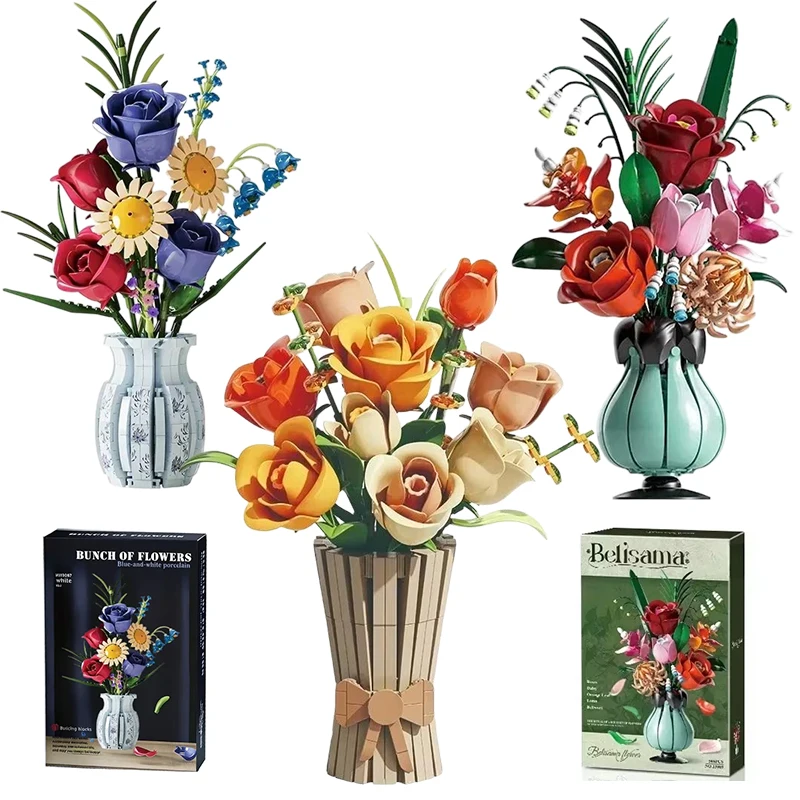 

Rose Building Blocks Creative Model Flower Pot Decorative Bouquet for Adult Toy Ideal Valentine's Day Girl Holiday Gift