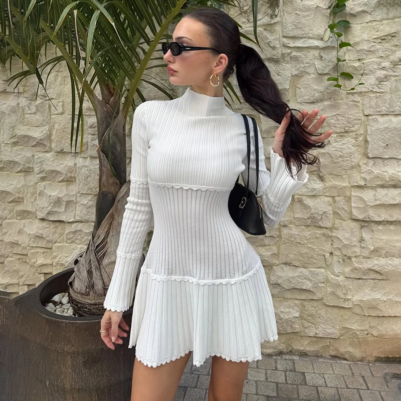 

Tornova Fashion Hollow Knitted Dress For Women Long Sleeve Splice Elegant Slim Mini Dress Ruched Summer New Party Dress Lady