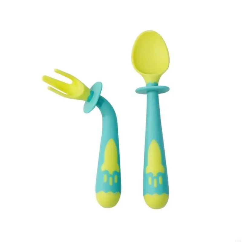 

E06F Toddler Training Fork & Spoons Set Silicone Tableware Utensils for Kids Babies