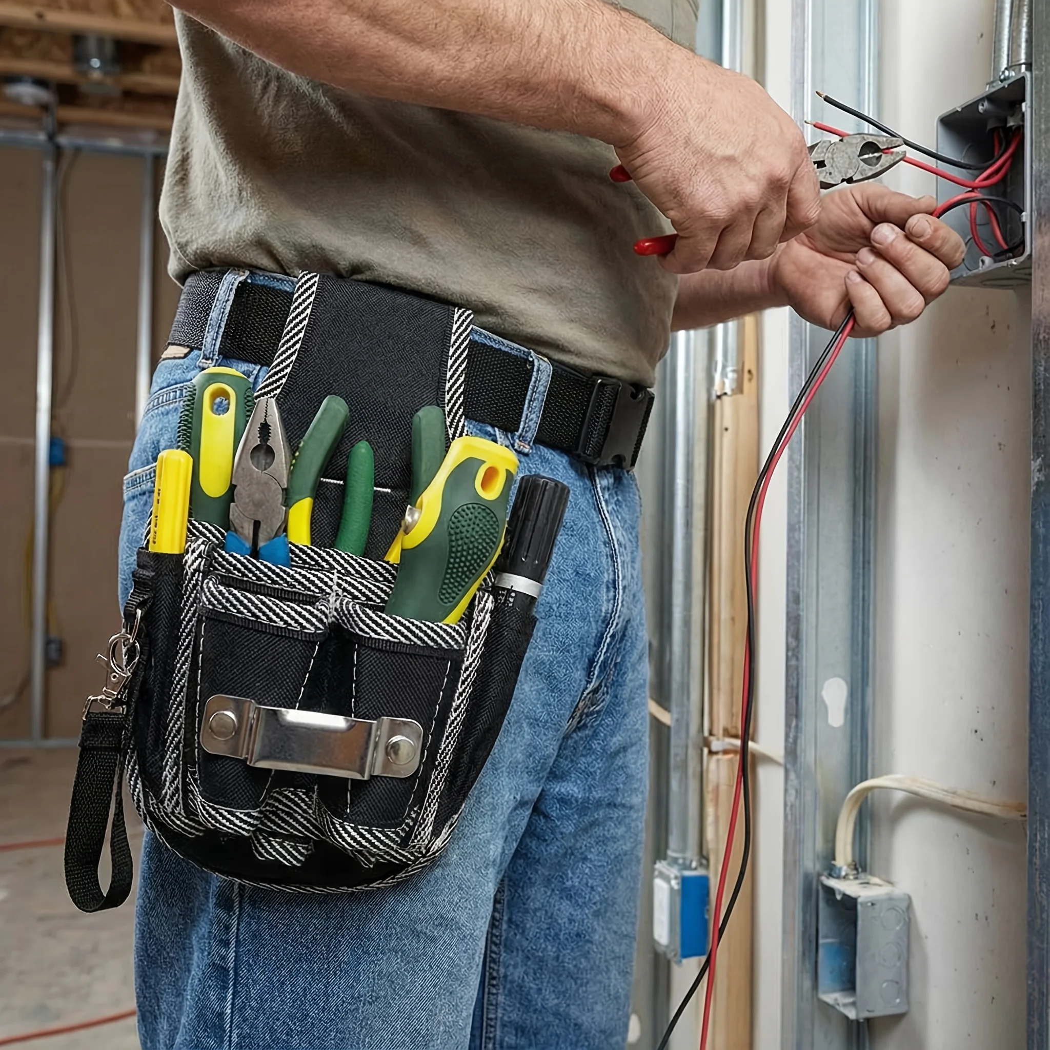 Heavy-Duty 9-in-1 Convertible Tool Belt Bag - 600D Nylon Loop Belt Bag, Hardware Tool Belt Bag with Multiple Compartments H5835