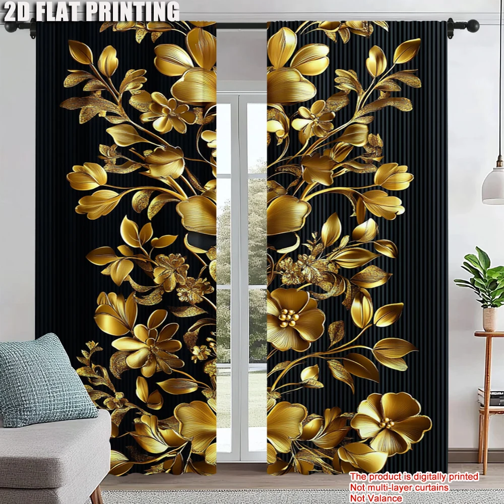 

2Pcs Black Yellow Floral Window Curtains Rod Pocket Design Digital Printed Polyester Drapes For Living Room Bedroom Kitchen And