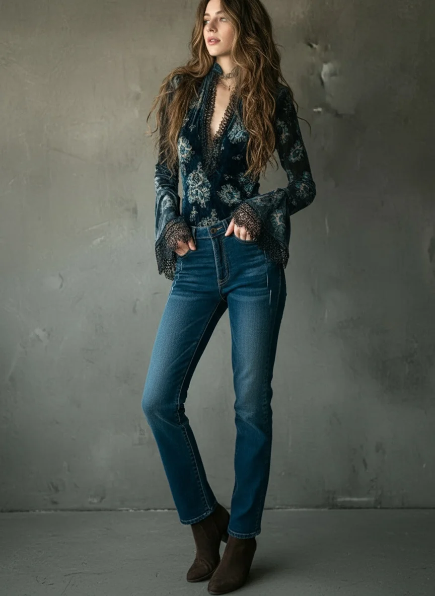 

Сексуальная блузка с v-образным вырезом и кружевной отделкой, топы с расклешенными рукавами, тонкая бархатная осенняя блузка с цветочным принтом в стиле ретро, элегантная повседневная шикарная блузка в стиле бохо, топы