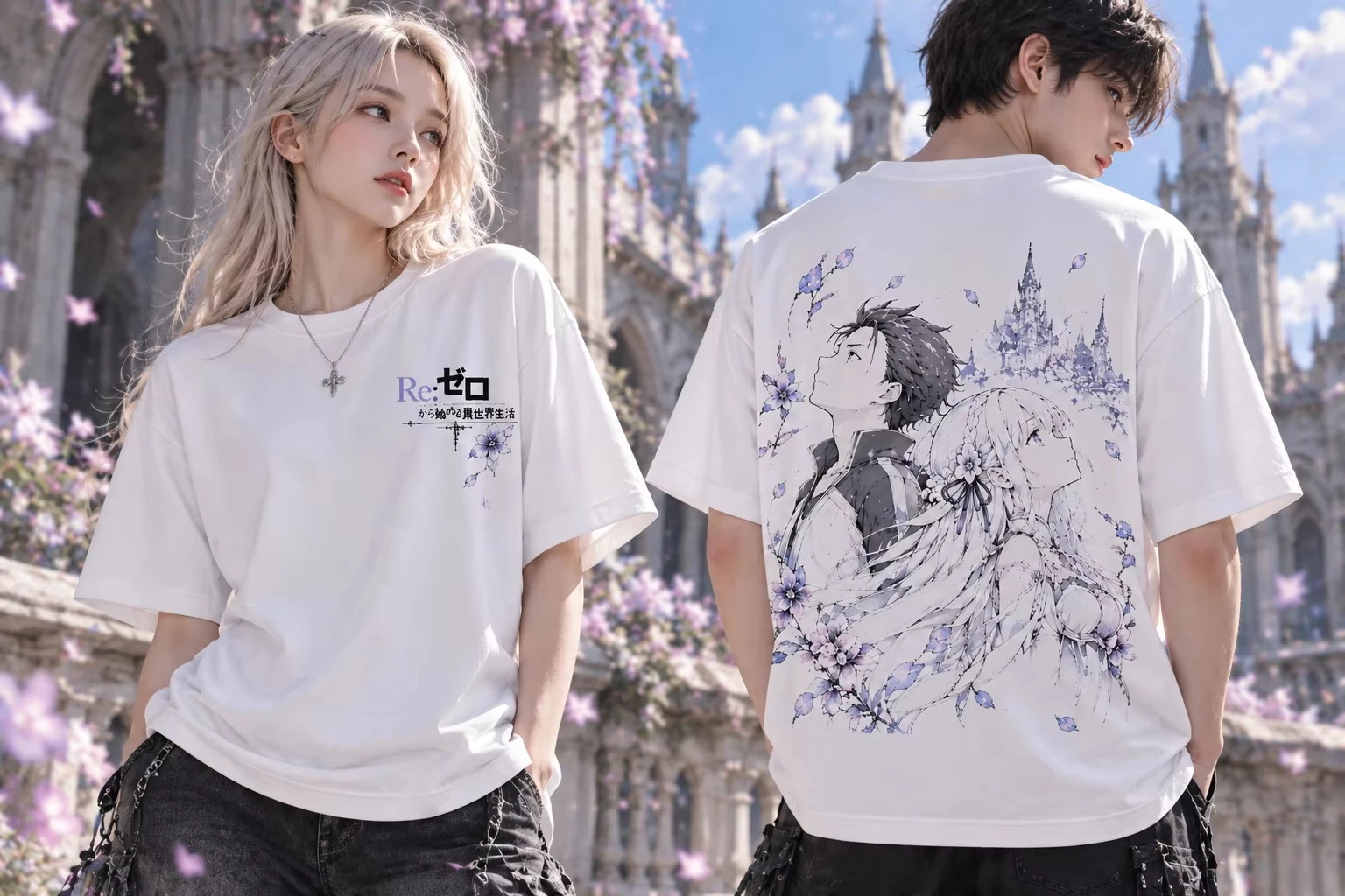 Zero Subaru Natsuki & Emilia T‑Shirt, Anime Game Y2K Harajuku Cosplay Trendy Casual Stylish Daily Tee for Men Women Youth