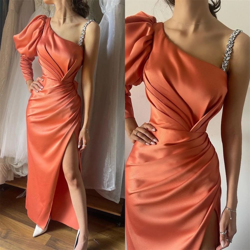 

Customized Sexy Casual Satin Draped Pleat Ruched Graduation A-line One-shoulder Bespoke Occasion Gown Midi Dresses