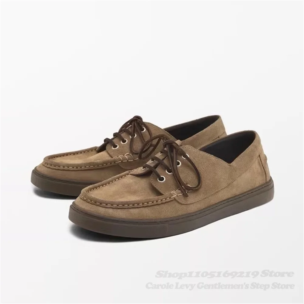 Retro Brown Suede Boat Shaped Shoes Men 2026 Spring New Round Toe Solid Color Lace Up Casual Comfort Office Work Leather Shoes